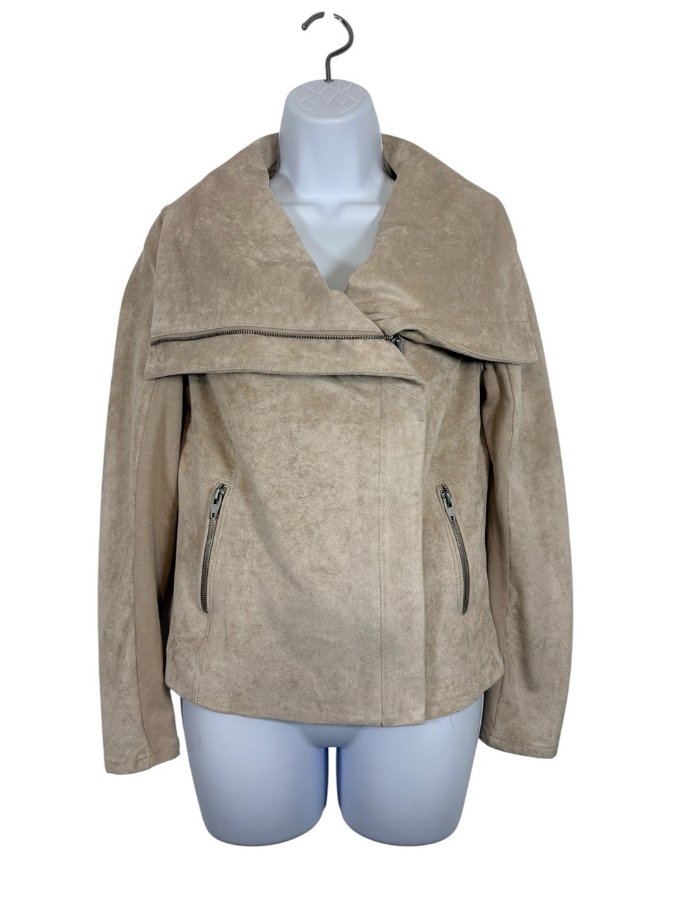 SL8 Beige Faux Suede Moto Jacket Size Small Asymmetrical Zip Draped Collar